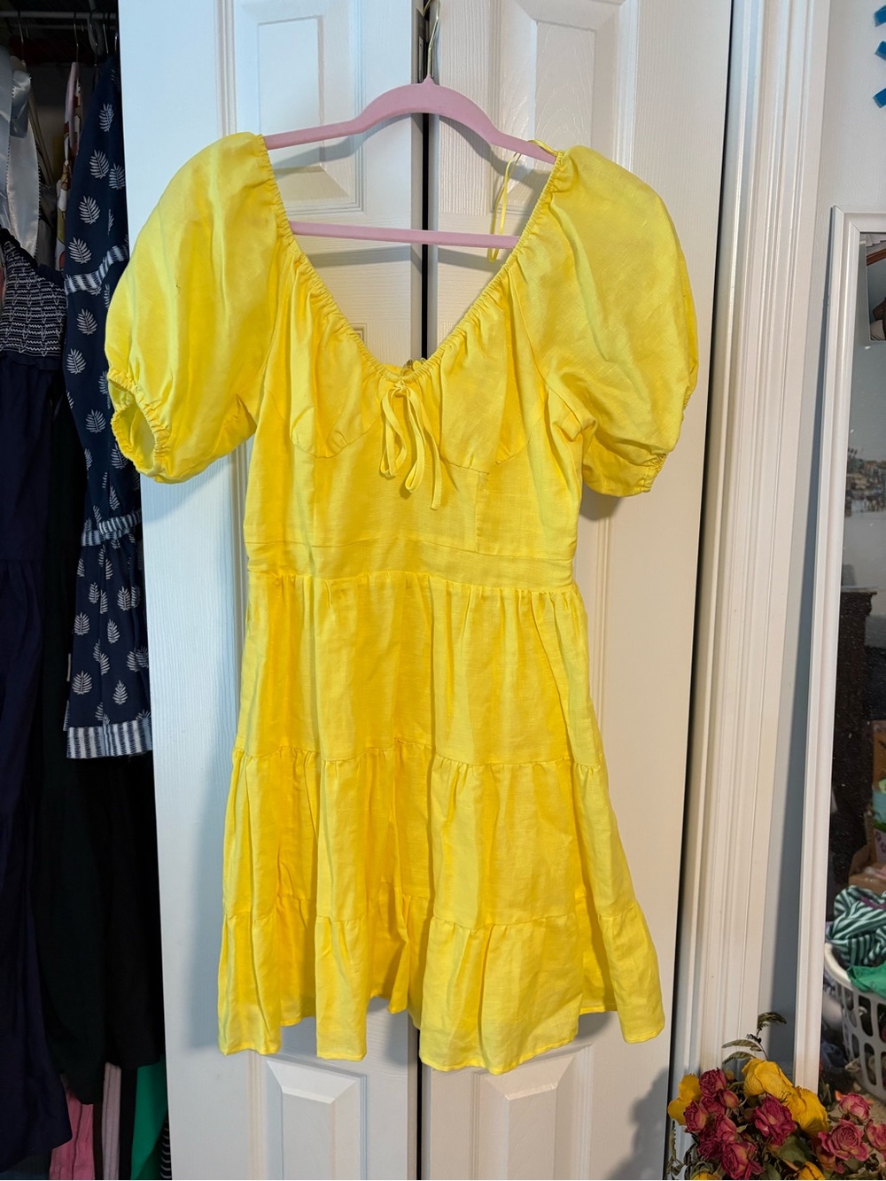 Chelsea & Violet Yellow Puff-Sleeve Tiered Mini Dress